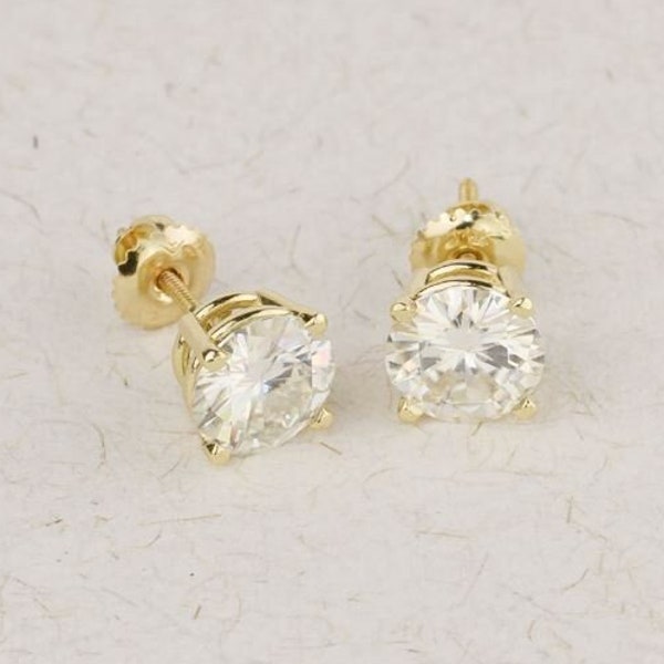 Solid Moissanite Stud Earring, 10/14k/18k Solid Gold Stud D Color Certified Moissanite , Screw back Diamond Substitute Stud ,Bridesmaid gift
