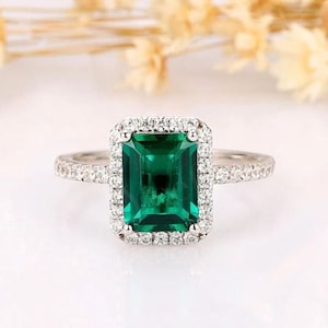 Emerald ring with Moissanite, 925 Sterling silver and 10k Solid Gold emerald engagement ring for women,Wedding and may birthstone ring
