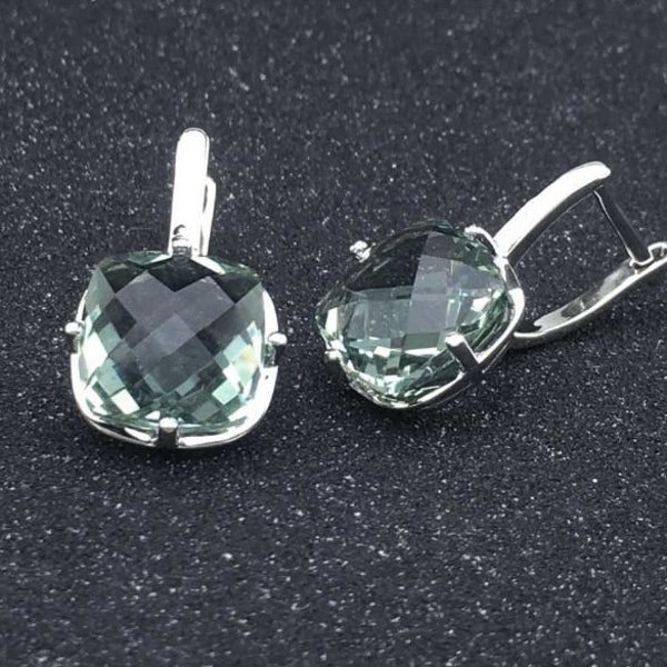 Green Amethyst Earrings, 925 Sterling Silver, Natural 10mm 7ct Greem Amethyst Earring, February Birthstone, anniversary Gift For women