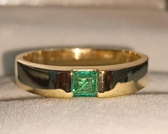 Natuurlijke smaragdgroene herenring, 925 sterlingzilver/14k massief gouden trouwring voor mannen, verlovingsring, groene edelsteen mei geboortesteen cadeauring