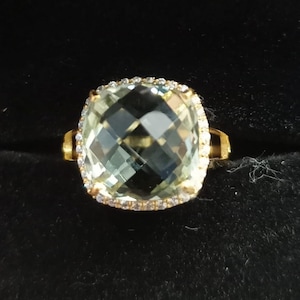 Green amethyst Ring,14k Solid Gold Engagement Ring For women, Green Gemstone 12 mm Cushion Checker Board Cutting, Anniversary Gift For Wife