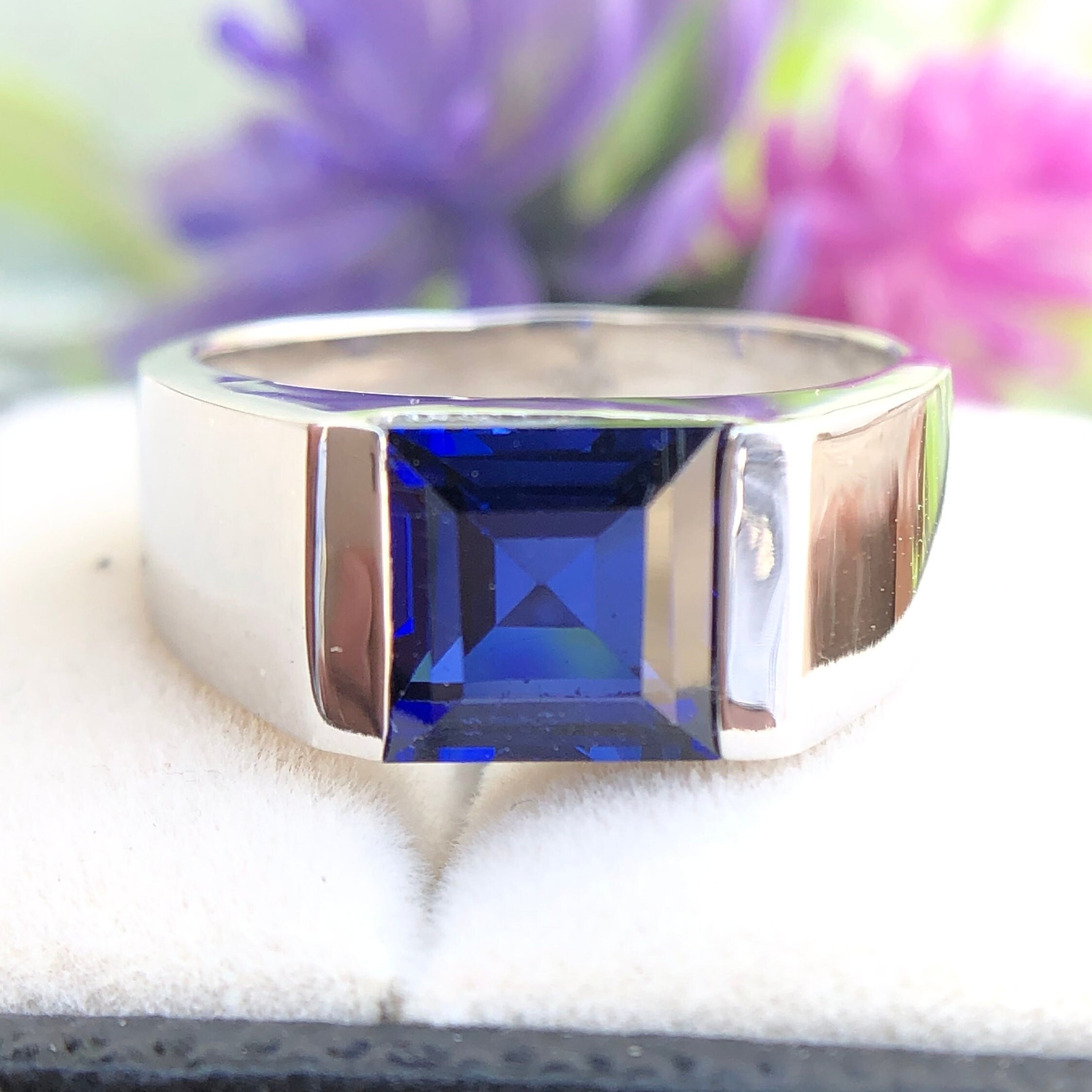 Sapphire Men's Ring, Sapphire Engagement Ring for Man,8mm Square