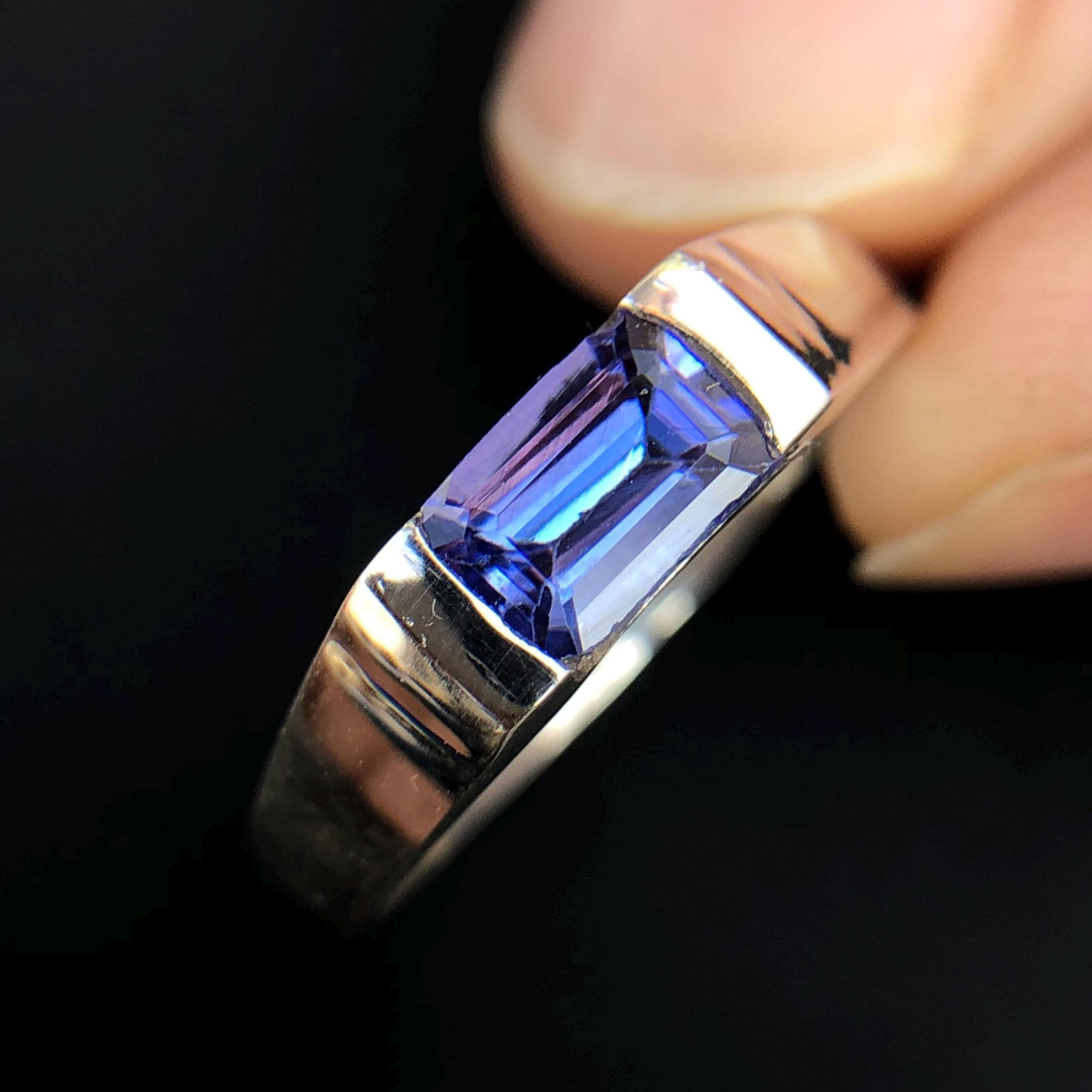 Natuurlijke tanzaniet herenring, sterlingzilver/14k massief gouden verlovingsring, 7 x 5 mm smaragd geslepen tanzaniet december geboortesteen uniseks ring