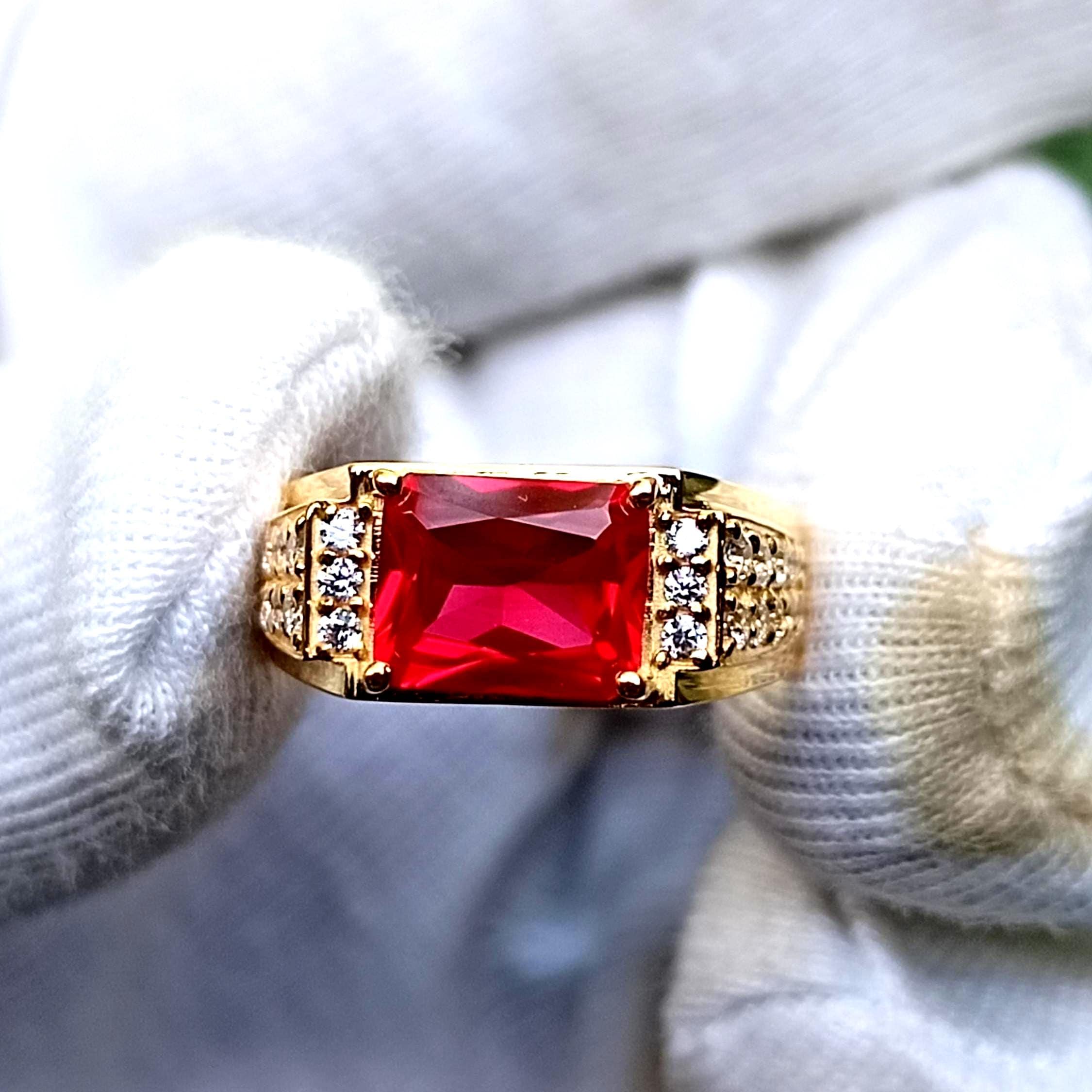 14k Solid Gold Ruby Engagement Ring for man, 7x9mm 3ct Radiant Cut Ruby men's ring, July Birthstone Ring for Husband, Anniversary Gift