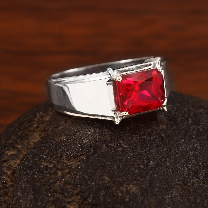 Ruby Ring man,925 Sterling Silver /14k Solid Gold Ruby Wedding Ring For man, 7x9mm Princess cut 3ct Red Gemstone July Birthstone Mens Gift Ring