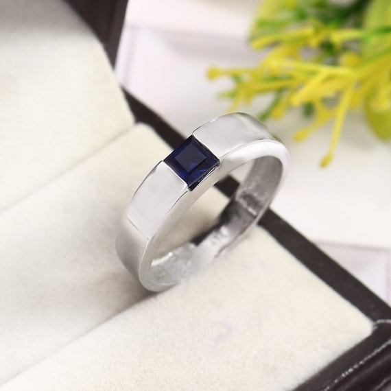 Anillo de hombre de zafiro, alianza de boda de zafiro de plata de