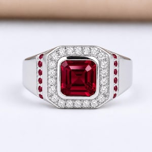Men's Ruby Ring, 925 Sterling Silver/14k Solid Gold Halo Wedding ring, Asscher Cut Red Gemstone, July Birthstone