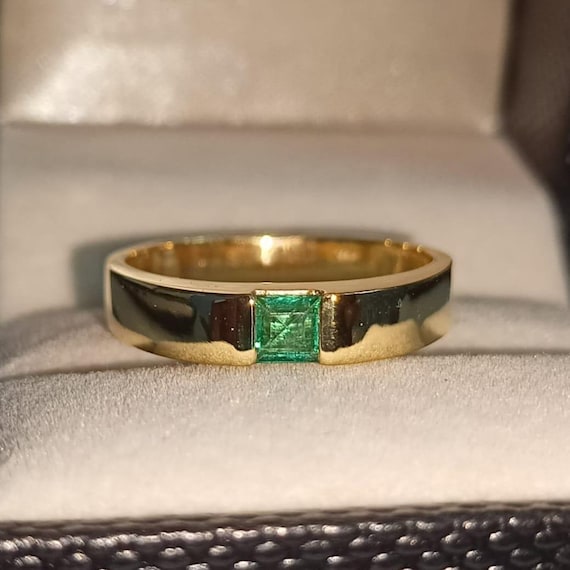 Natural Emerald Men Ring, 925 Sterling Silver/14k Solid Gold