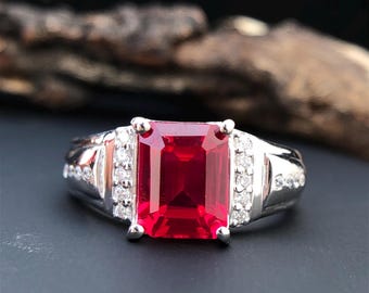 Anillo de rubí para hombre, anillo de compromiso de plata de ley 925/oro macizo de 14k para hombre, anillo de gema roja de 3 quilates, piedra natal de julio, joyería de regalo de boda