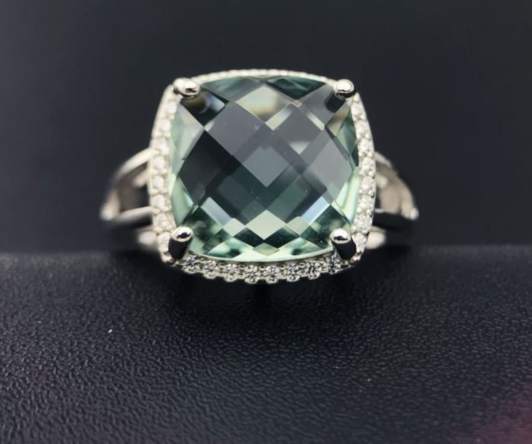 Green Amethyst Ring,925 Sterling Silver Engagement Ring for Women