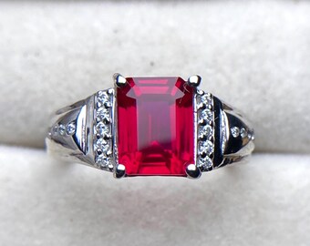 Anillo de rubí para hombre, anillo de bodas de plata de ley 925/oro macizo de 14 k para hombre, anillo de piedra preciosa de rubí rojo de 7 x 9 mm y 3 ct, regalo de piedra natal de julio para él