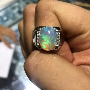 Opal Men&#39;s Ring,925 Sterling Silver Natural Opal Engagement ring For Man,10x12mm 5ct fire Opal man Ring, Father&#39;s Ring, October Birthstone