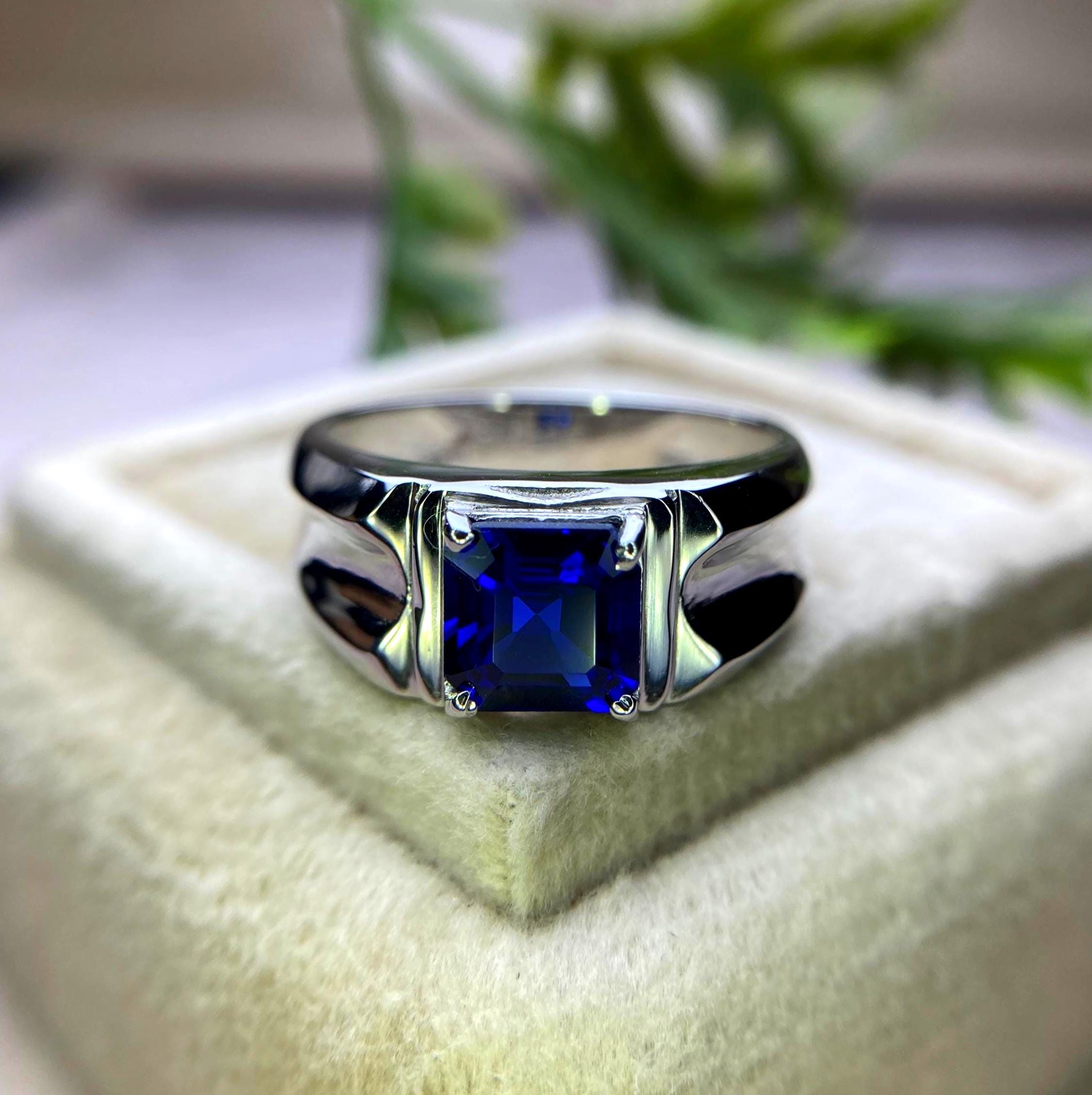 Silver925 18kgp ディープ ブルーサファイア リングorトップ Lab Sapphire Asscher Cut Ring, 925 Sterling Silver, September