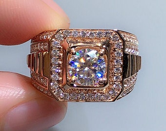 Moissanite Mens Ring, 14k Solid Gold Wedding Ring For men, D Color VVS Certified Moissanite Gemstone, Man Gift Ring, Diamond Substitute