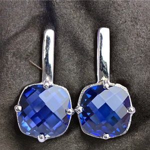 Sapphire earrings, 925 Sterling Silver Sapphire Dangle Wedding, 10mm Checker cut Sapphire September Birthstone Jewelry Gift For Woman