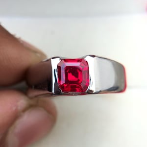 Ruby Man Ring, 925 Sterling Silver Ruby Engagement Ring, 6mm Asscher cut 1ct Red Ruby Wedding band, July Birthstone mens Gift Jewelry unisex