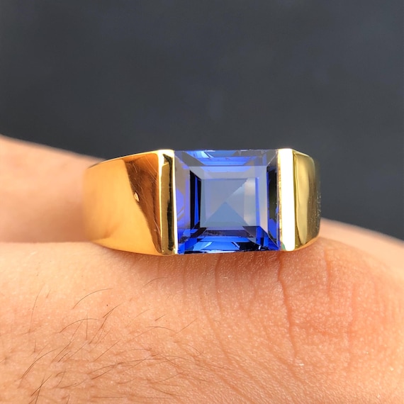 PYTALI 2CT Sapphire Men's Ring In 10K/14K/18K Solid Yellow Gold - Square Blue Sapphire Engagement Ring For Him