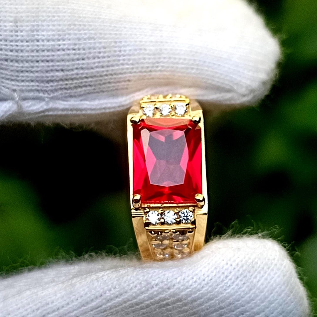 Men Gold Ring Ruby Inlay 14k Solid Gold Ruby Engagement Ring for Man, 7x9mm 3ct Radiant Cut Ruby ...