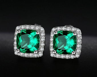 Lab Emerald Stud, 925 Sterling Silver, 6x6mm Cushion Cut Emerald Earring For women, Green Gemstone, May Birthstone, Mother's Gift