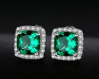 Lab Emerald Stud, 925 Sterling Zilver, 6x6mm Cushion Cut Emerald Earring voor vrouwen, groene edelsteen, mei geboortesteen, moedercadeau