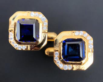 Sapphire Cufflink, 925 Sterling Silver/Gold Plated Cufflinks for Man, 7mm Square cut Blue Sapphire Gemstone, Wedding Accessories Bridal Gift