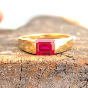 Ruby men's Ring, 14k Solid Gold Ruby Engagement Ring ,7x5mm Emerald Cut Ruby July Birthstone Ring, Unisex ring