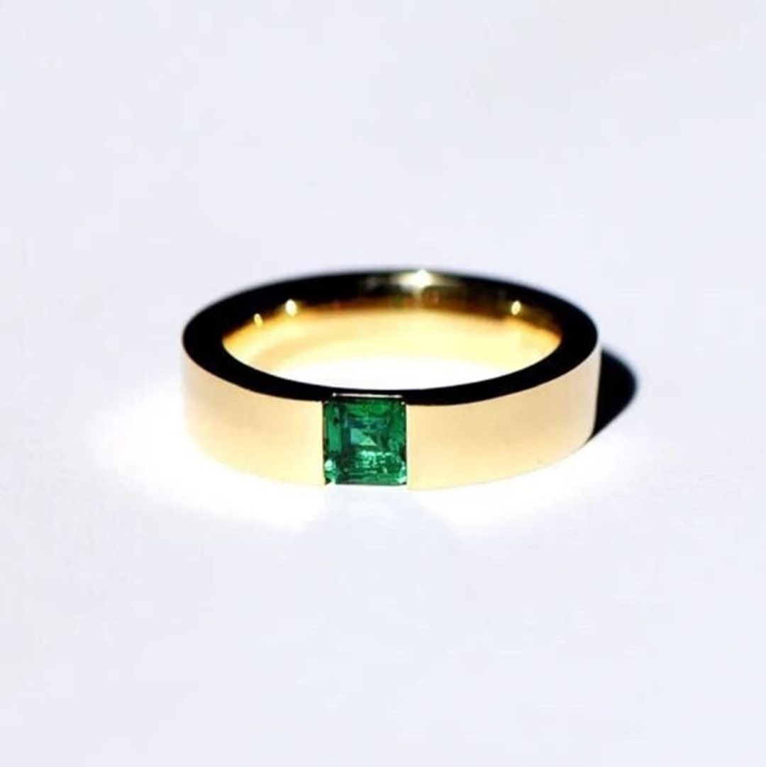 Natural Emerald Men Ring, 925 Sterling Silver/14k Solid Gold Wedding