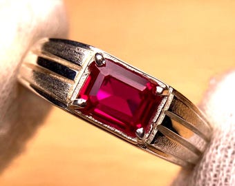 Anillo de rubí, plata de ley 925/oro macizo de 10k/14k, anillo de compromiso unisex de 5 x 7 mm con rubí rojo de talla esmeralda, piedra natal de julio.