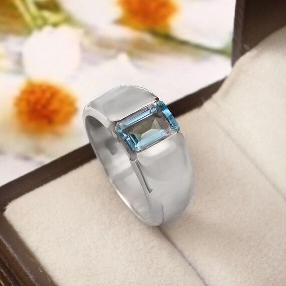 Solid 925 Sterling Silver Men's Ring With Blue Topaz Stone - View #5