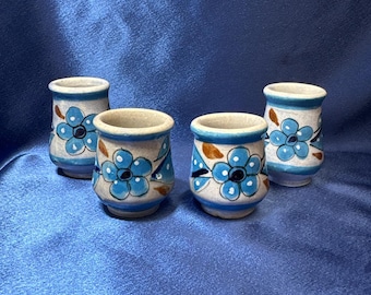 Set of Four Mexican Pottery Shot Glasses Accented with Blue Flowers