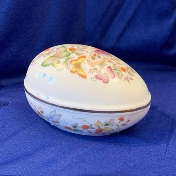 Avon Porcelain Egg Trinket Box with Butterfly Decoration on Lid