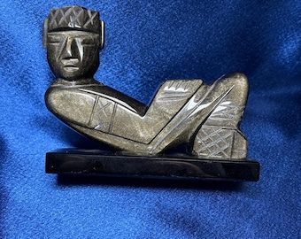 Aztec Chacmool Priest Polished Onyx Incense Burner Statue
