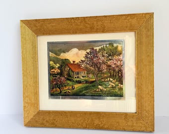Vintage Currier and Ives American Homestead, Spring foil etch lithograph farm print