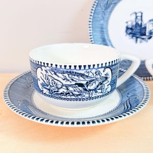 Vintage Royal China Currier & Ives Blue Transferware Americana style Cups and Saucers, Set of 2