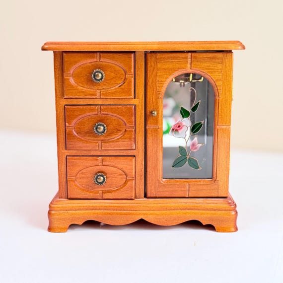 Vintage Wooden Jewelry Armoire, Floral Stained Glass Door, Cottagecore Decor