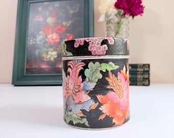 Chinese Famille Noire Style Porcelain Jar with Lid / Black Ground Floral Chrysanthemum / Tea Caddy / Asian Ceramic / Chinoiserie Decor