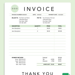 以下が含まれることがあります： 「Invoice Tracker」というタイトルと「Simple. Clean. Convenient.」というテキストが書かれた緑と白の請求書テンプレート。請求書の合計金額は12.67ドル。請求書には、2つの商品の説明、数量、価格、合計金額が記載されている。請求書には、支払い方法、小計、税金、割引、支払総額も記載されている。