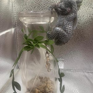 May include: A clear glass vase with a decorative gray dragon figurine clinging to the side. The vase contains seashells, feathers, and a seahorse charm. Green vines and leaves adorn the vase, creating a whimsical, fantasy-themed display.