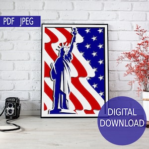 Arquivo de corte de design digital da bandeira americana e da estátua da liberdade 3D Shadow Box SVG
