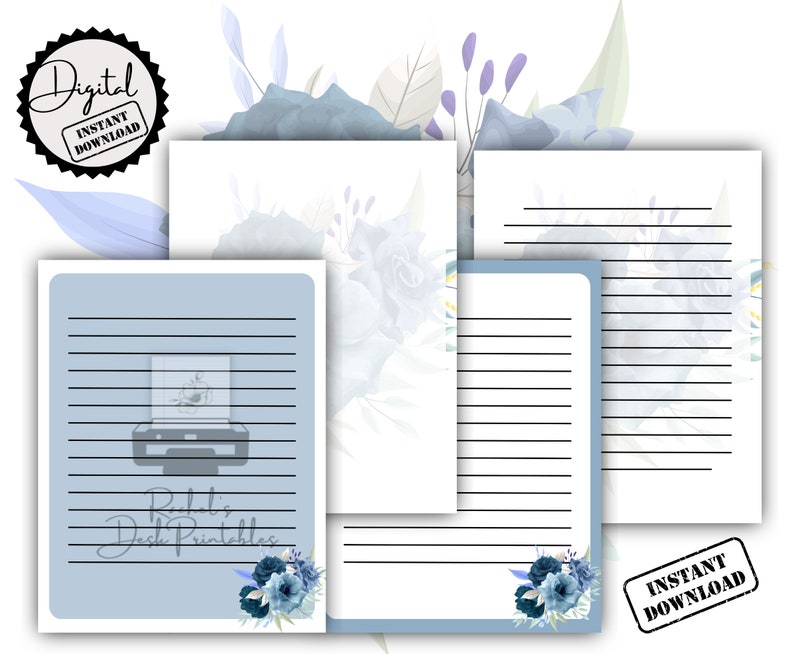 Printable Blue Rose Floral Full Set of 12 Stationery Elegant and ...
