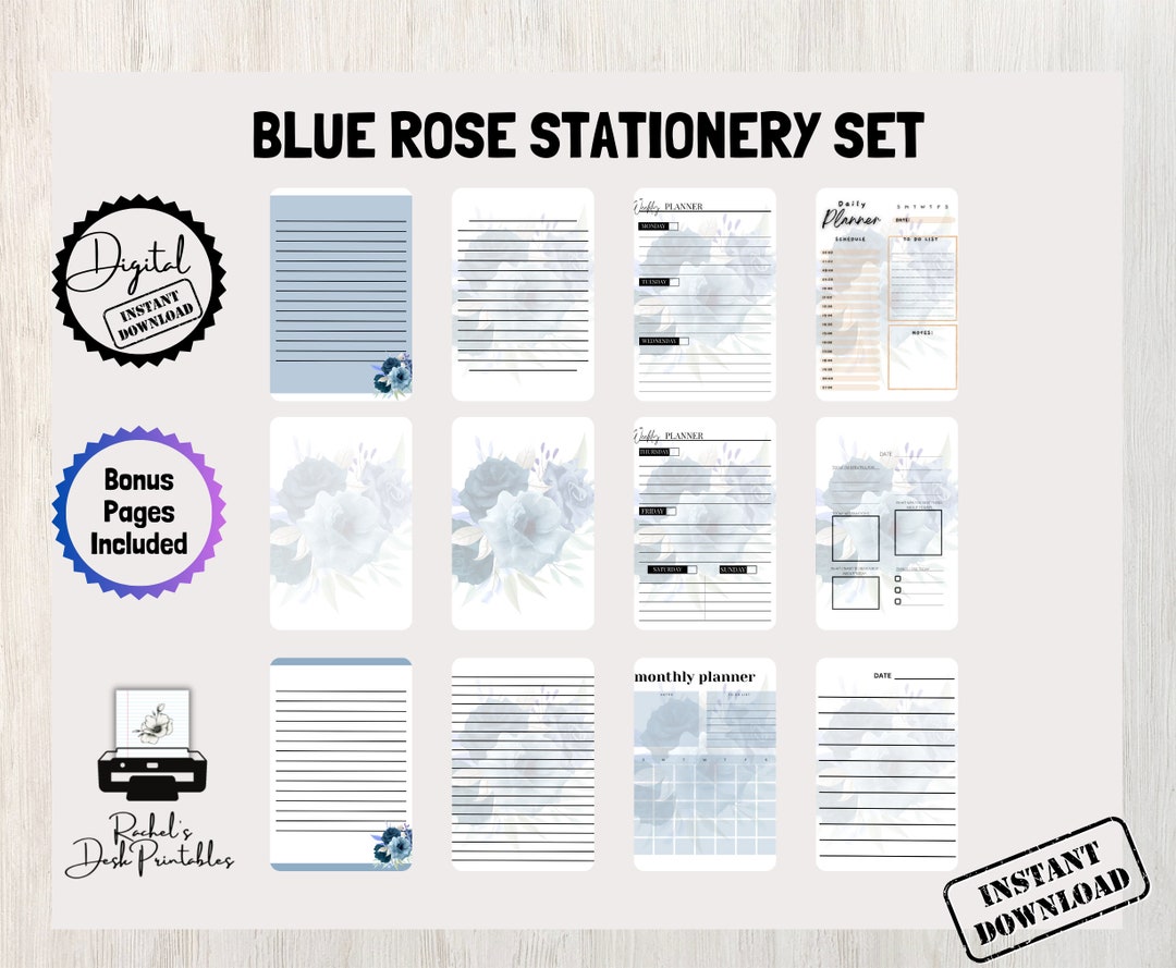 Printable Blue Rose Floral Full Set of 12 Stationery Elegant and ...