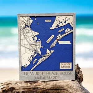 Decorazione per casa sulla spiaggia, mappa con accenti costieri, arte personalizzata, regalo per la casa, regalo rustico da spiaggia per il nuovo proprietario di casa, esposizione di arte murale a tema nautico