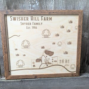 Exhibición de mapa de rancho, arte de pared de casa de campo de estilo rústico, diseño de diseño de granja personalizado, señal de límite de propiedad, regalo de granja, exhibición de propiedad familiar