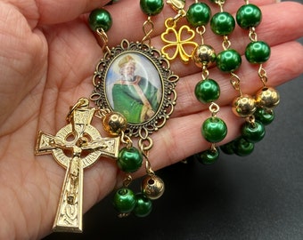 Hand Crafted St Patrick Rosary, St. Patrick Centerpiece. Beautiful Rosary in Emerald Green and Gold. Blessed by Catholic Priest.