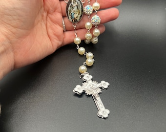 Hand Crafted White Rosary, Blessed Nativity Medal Centerpiece. European Glass Pearl Rosary in cream. Blessed by Catholic Priest.