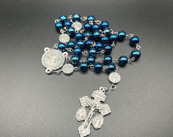 Hand Crafted Saint Benedict Rosary, Gorgeous Saint Benedict Centerpiece. European Glass Pearl Rosary in Blue. Blessed by Catholic Priest.