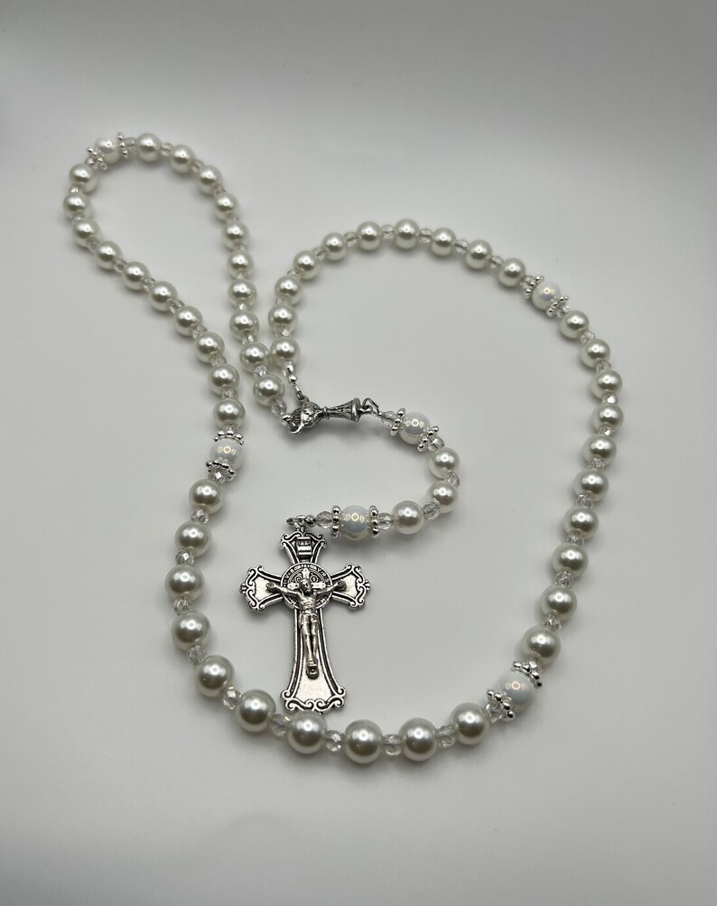 Hand Crafted First Communion Rosary, Gorgeous Holy Chalice Centerpiece. European Glass Pearl Rosary in White. Blessed by Catholic Priest. image 3