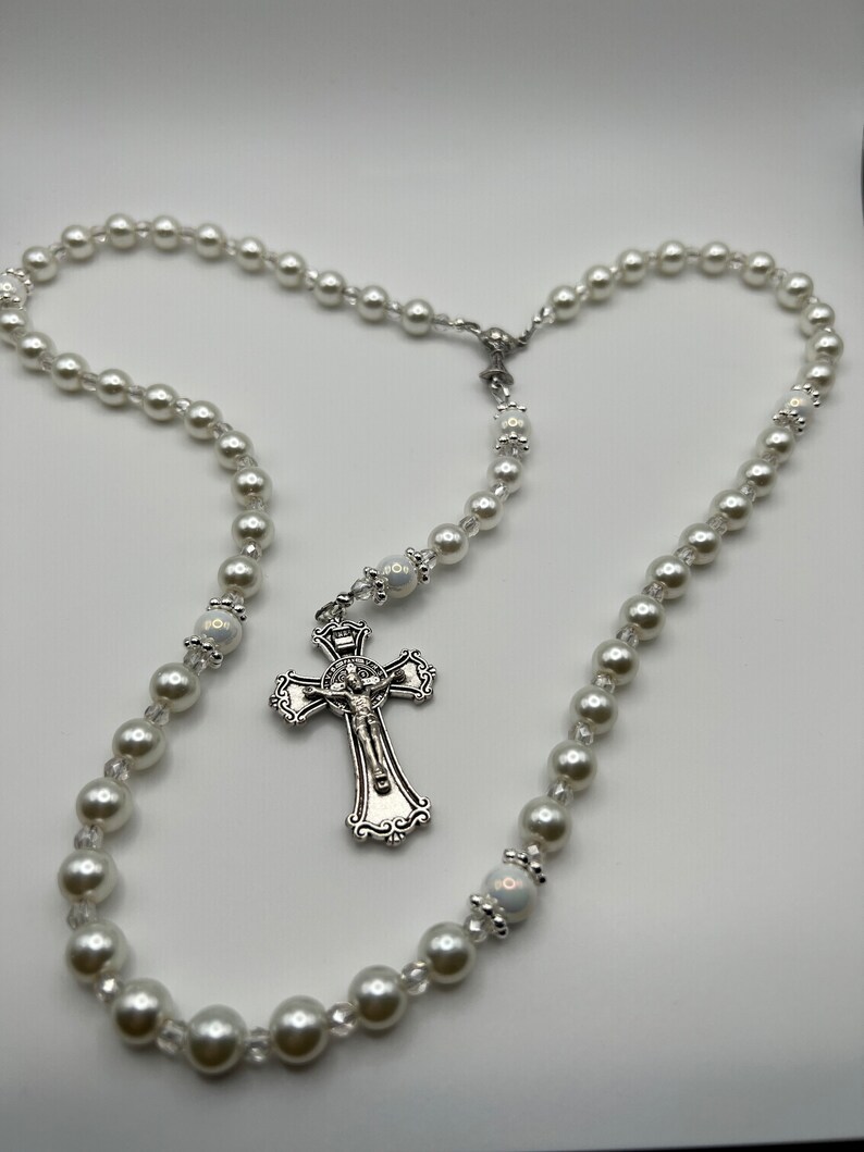 Hand Crafted First Communion Rosary, Gorgeous Holy Chalice Centerpiece. European Glass Pearl Rosary in White. Blessed by Catholic Priest. image 4