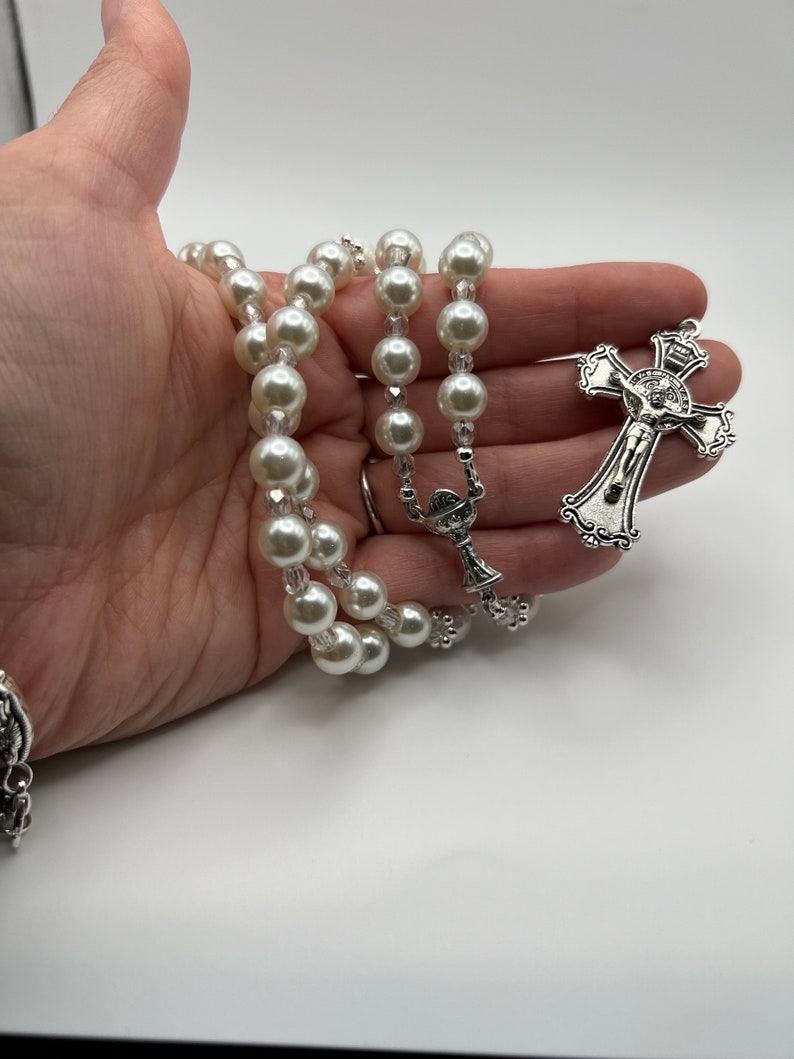 Hand Crafted First Communion Rosary, Gorgeous Holy Chalice Centerpiece. European Glass Pearl Rosary in White. Blessed by Catholic Priest. image 2