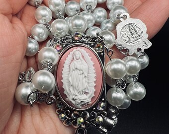 Hand Crafted Our Lady of Guadalupe  Rosary. Ornate centerpiece. European Glass Pearl Rosary. Rose charm. Blessed by Catholic Priest.